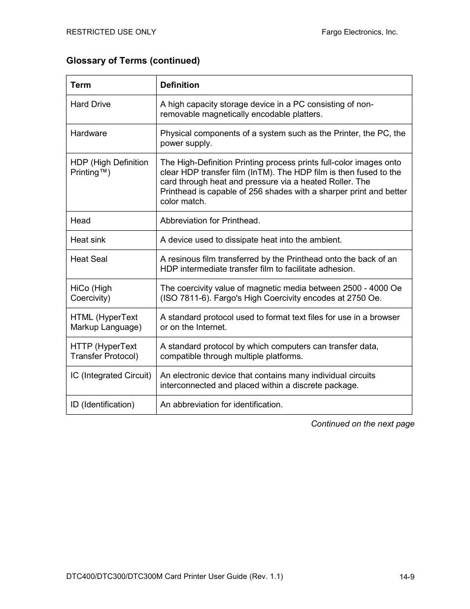 Glossary of terms (continued) | FARGO electronic DTC400 User Manual | Page 260 / 278