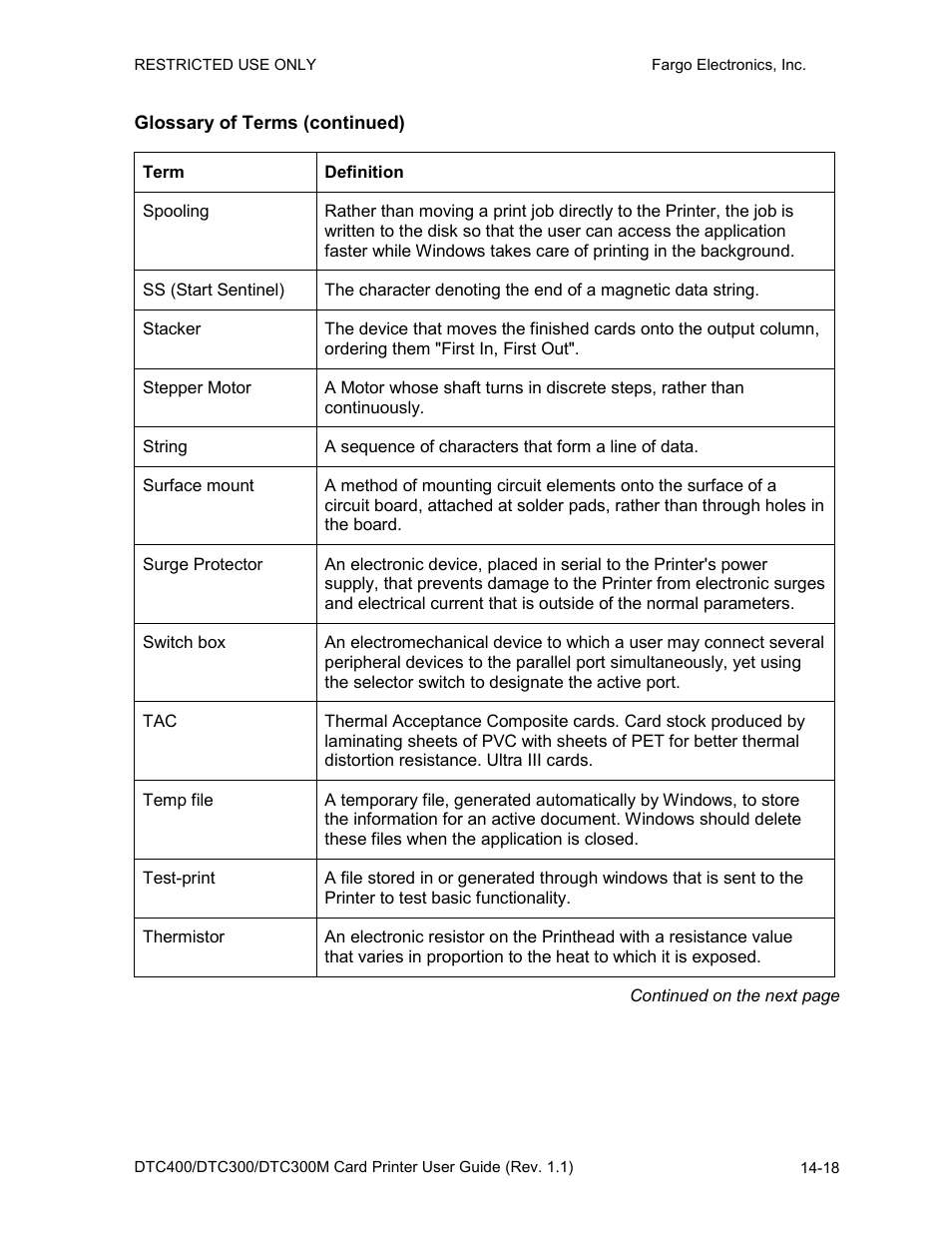 Glossary of terms (continued) | FARGO electronic DTC400 User Manual | Page 269 / 278