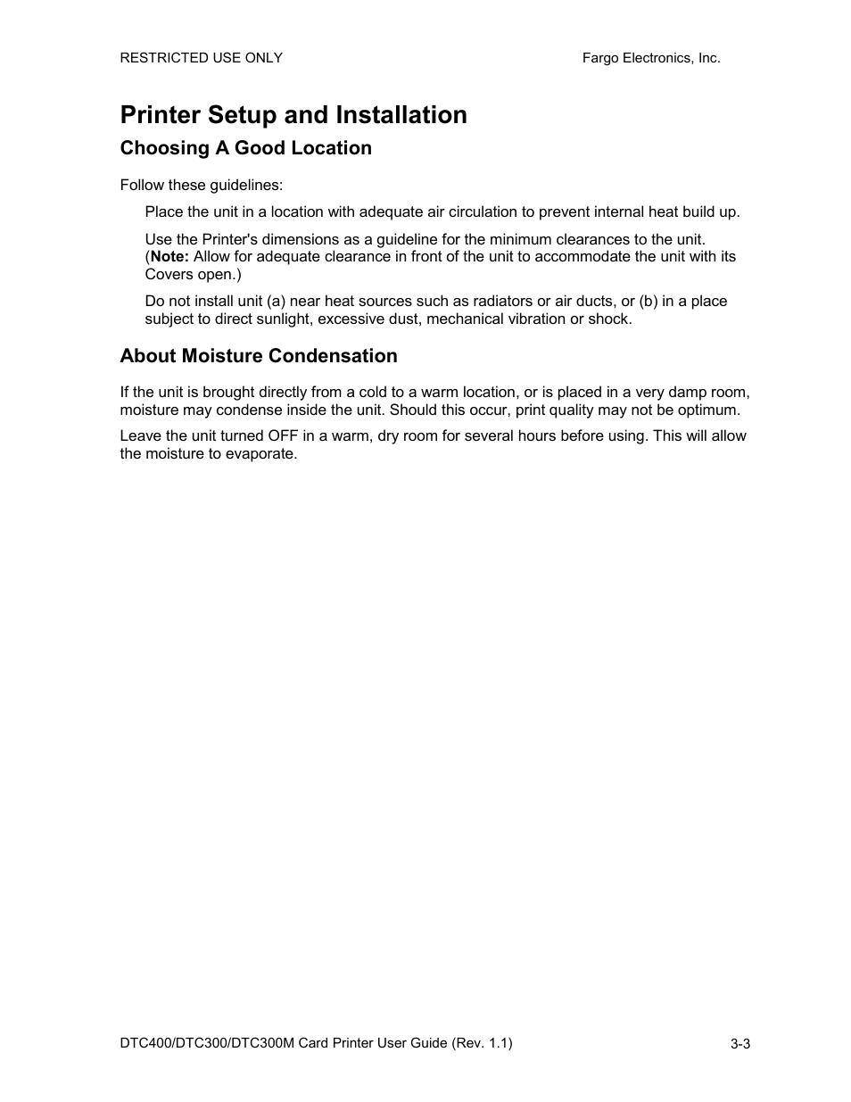 Printer setup and installation, Choosing a good location, About moisture condensation | Printer setup and installation -3 | FARGO electronic DTC400 User Manual | Page 31 / 278