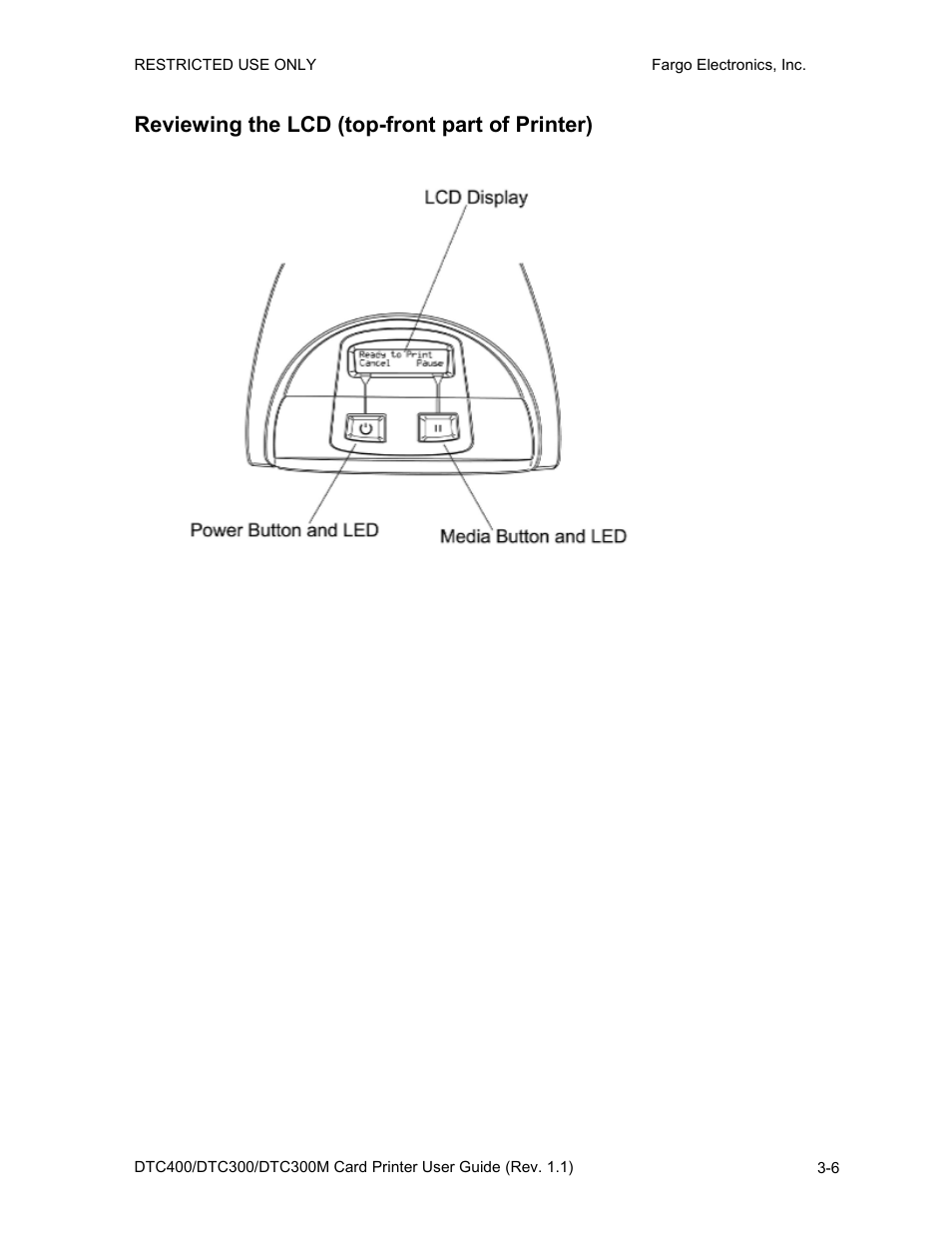 Reviewing the lcd (top-front part of printer), Reviewing the lcd (top-front part of printer) -6 | FARGO electronic DTC400 User Manual | Page 34 / 278