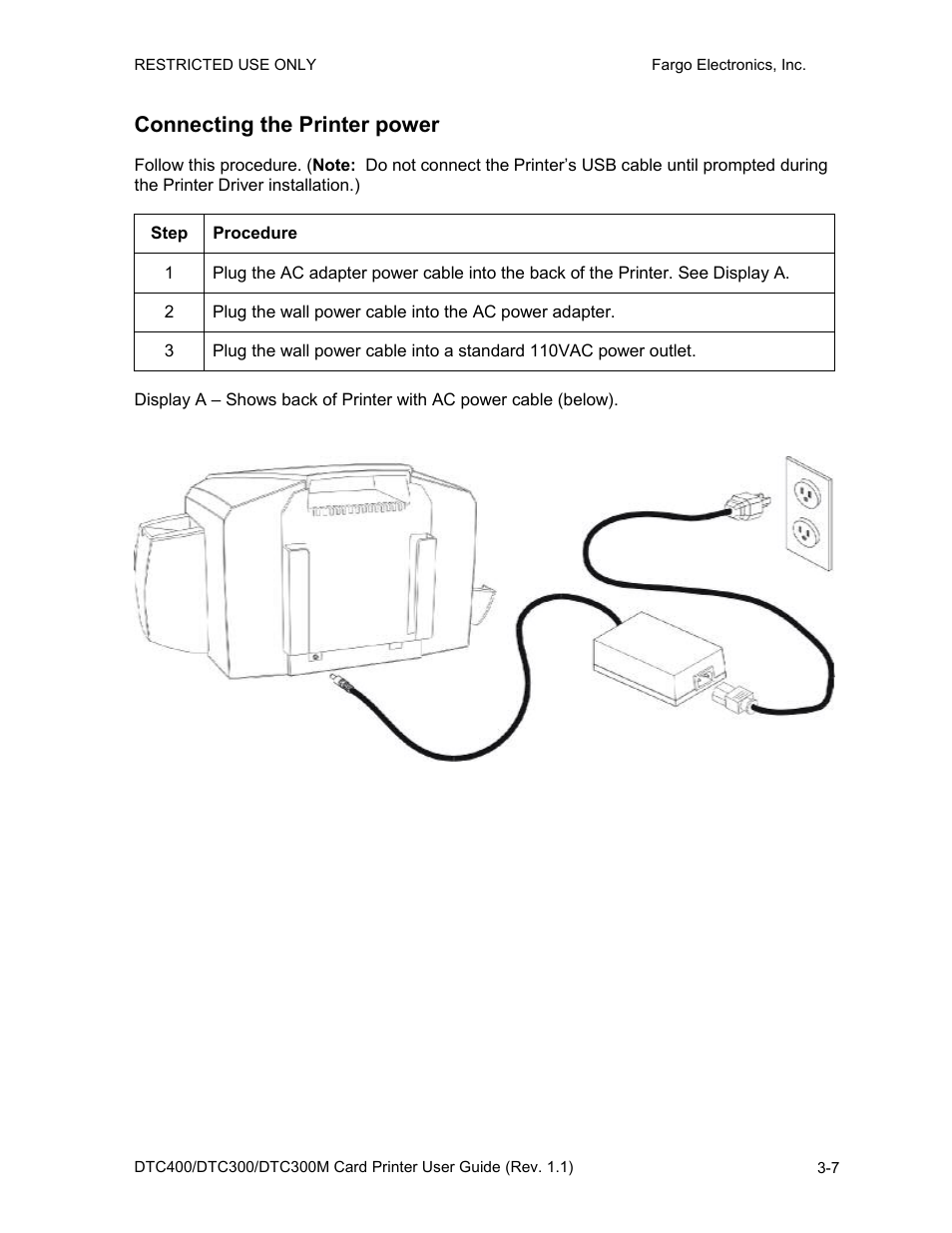 Connecting the printer power, Connecting the printer power -7 | FARGO electronic DTC400 User Manual | Page 35 / 278