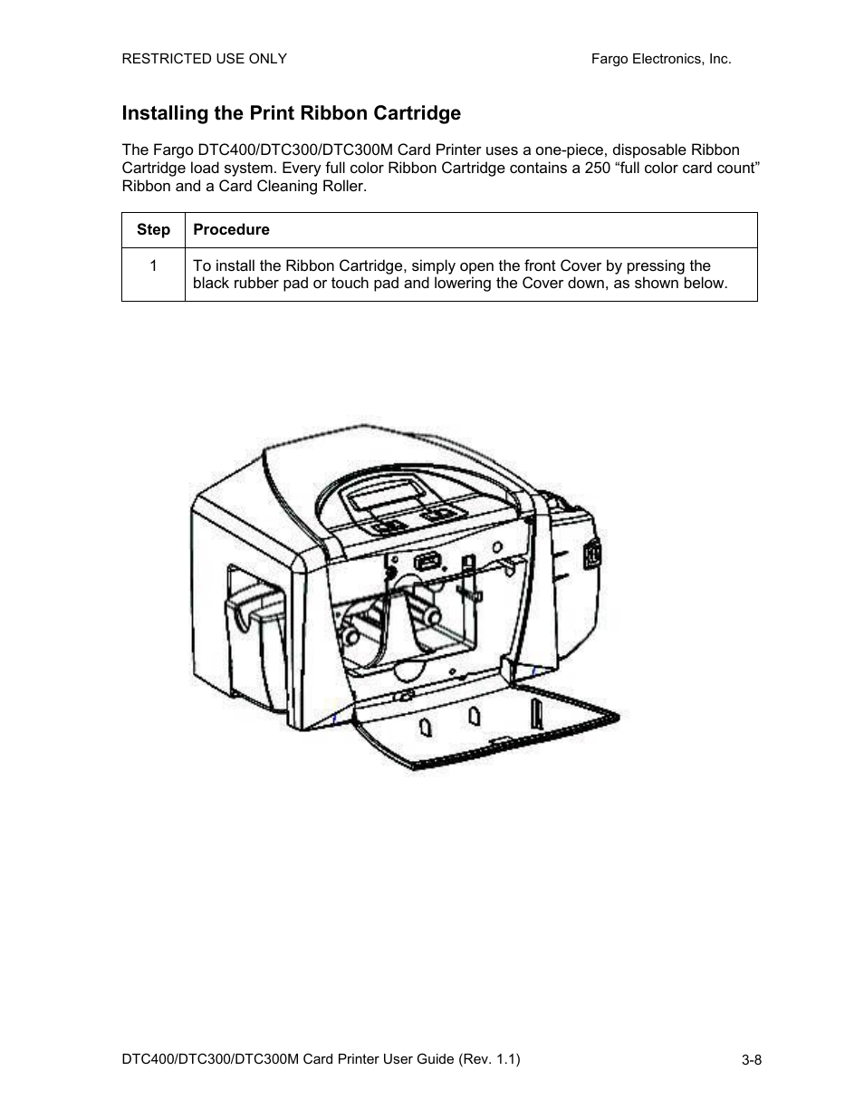 Installing the print ribbon cartridge, Installing the print ribbon cartridge -8 | FARGO electronic DTC400 User Manual | Page 36 / 278