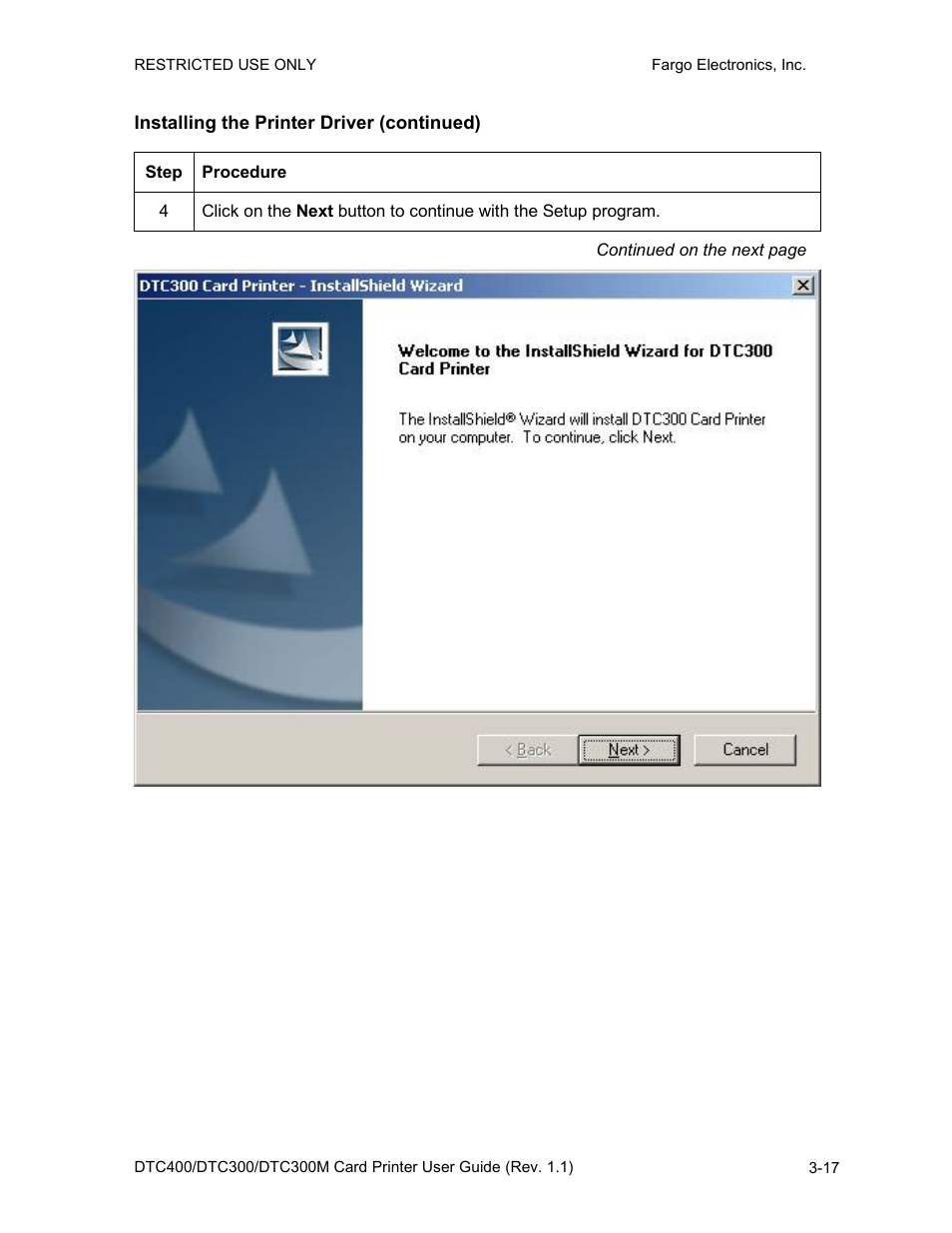 Installing the printer driver (continued), Installing the printer driver (continued) -17 | FARGO electronic DTC400 User Manual | Page 45 / 278