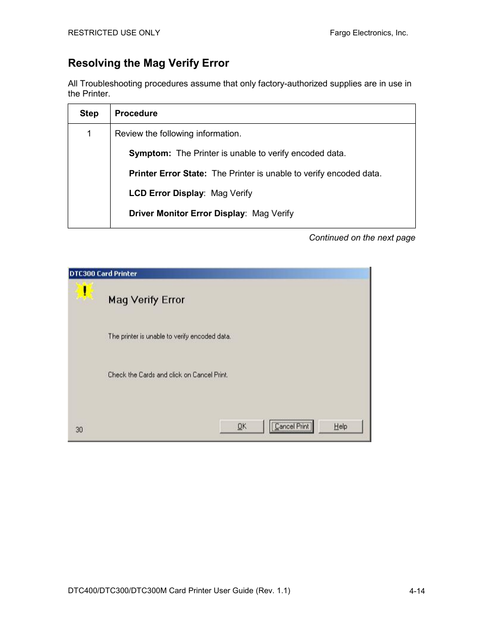 Resolving the mag verify error, Resolving the mag verify error -14 | FARGO electronic DTC400 User Manual | Page 71 / 278