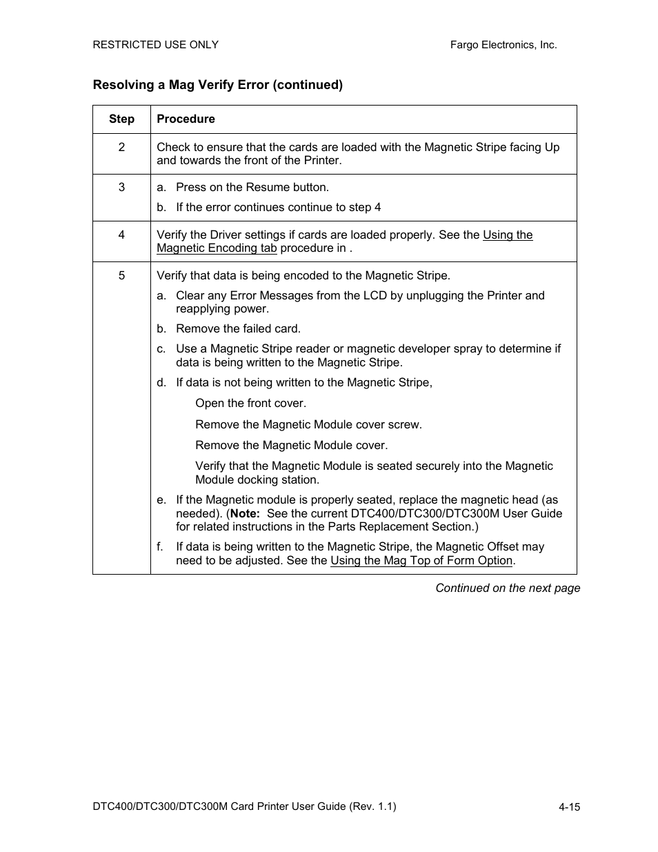 Resolving a mag verify error (continued), Resolving a mag verify error (continued) -15 | FARGO electronic DTC400 User Manual | Page 72 / 278