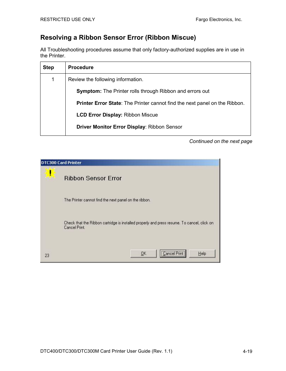 Resolving a ribbon sensor error (ribbon miscue) | FARGO electronic DTC400 User Manual | Page 76 / 278