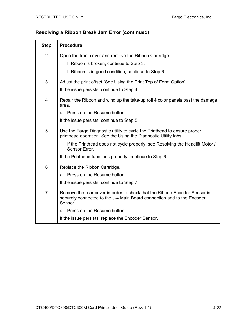 Resolving a ribbon break jam error (continued), Resolving a ribbon break jam error (continued) -22 | FARGO electronic DTC400 User Manual | Page 79 / 278