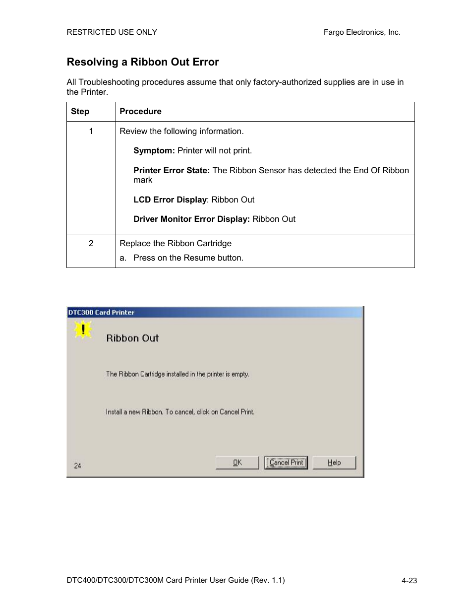 Resolving a ribbon out error, Resolving a ribbon out error -23 | FARGO electronic DTC400 User Manual | Page 80 / 278