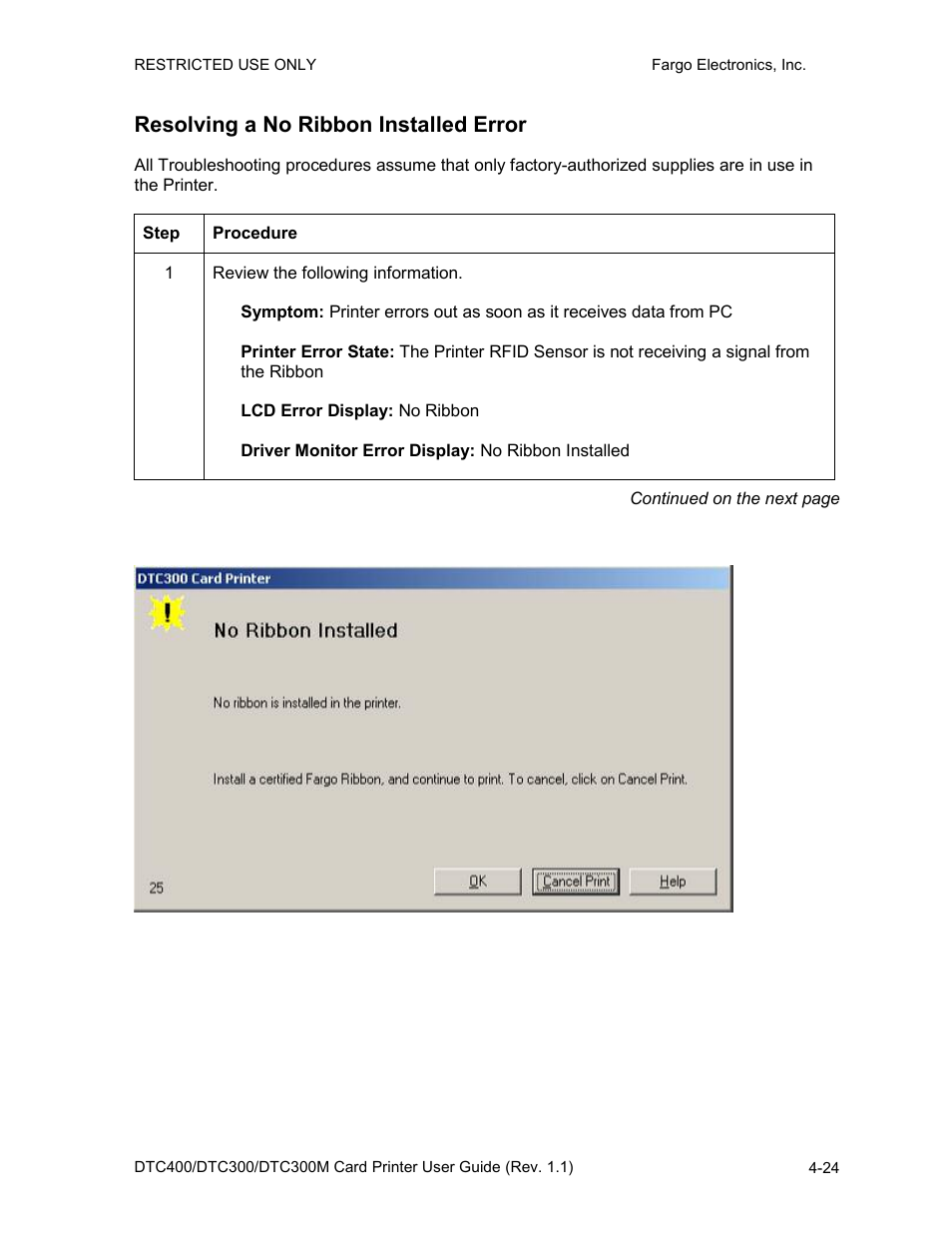 Resolving a no ribbon installed error, Resolving a no ribbon installed error -24 | FARGO electronic DTC400 User Manual | Page 81 / 278