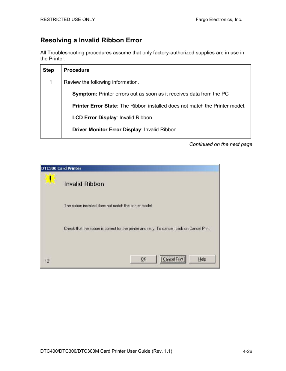 Resolving a invalid ribbon error, Resolving a invalid ribbon error -26 | FARGO electronic DTC400 User Manual | Page 83 / 278