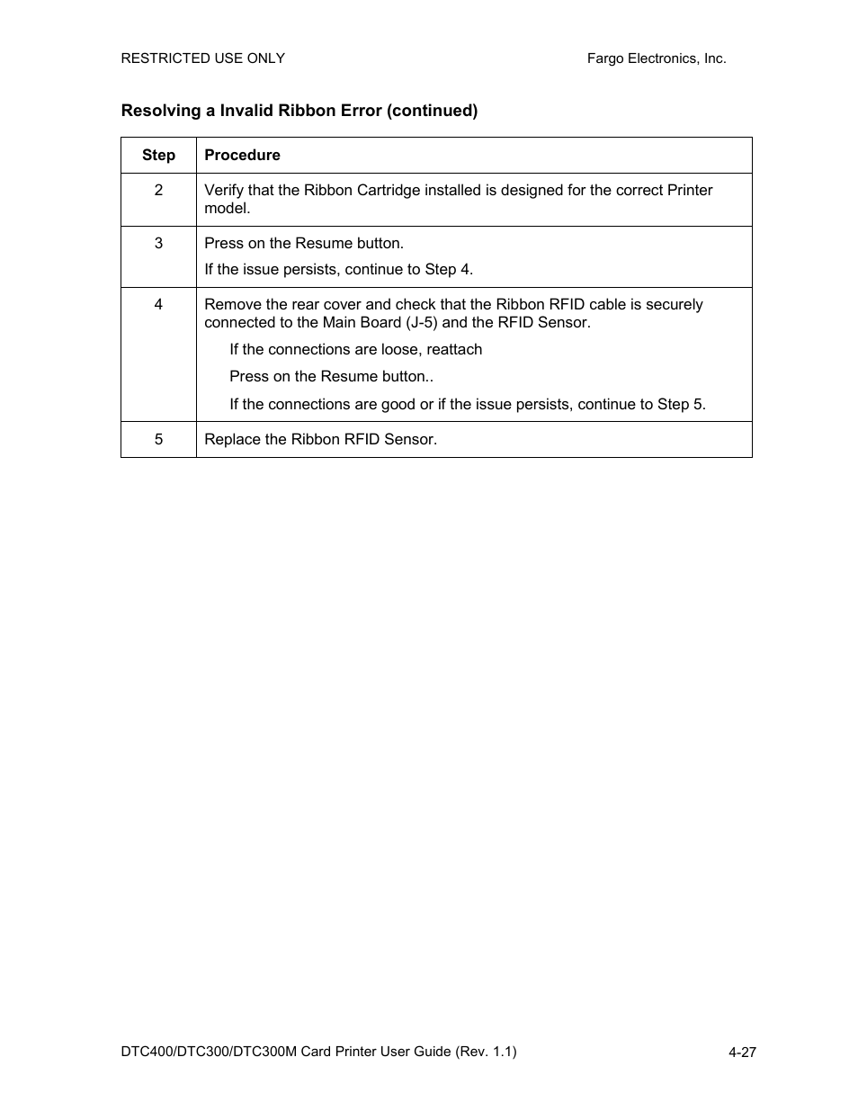 Resolving a invalid ribbon error (continued), Resolving a invalid ribbon error (continued) -27 | FARGO electronic DTC400 User Manual | Page 84 / 278