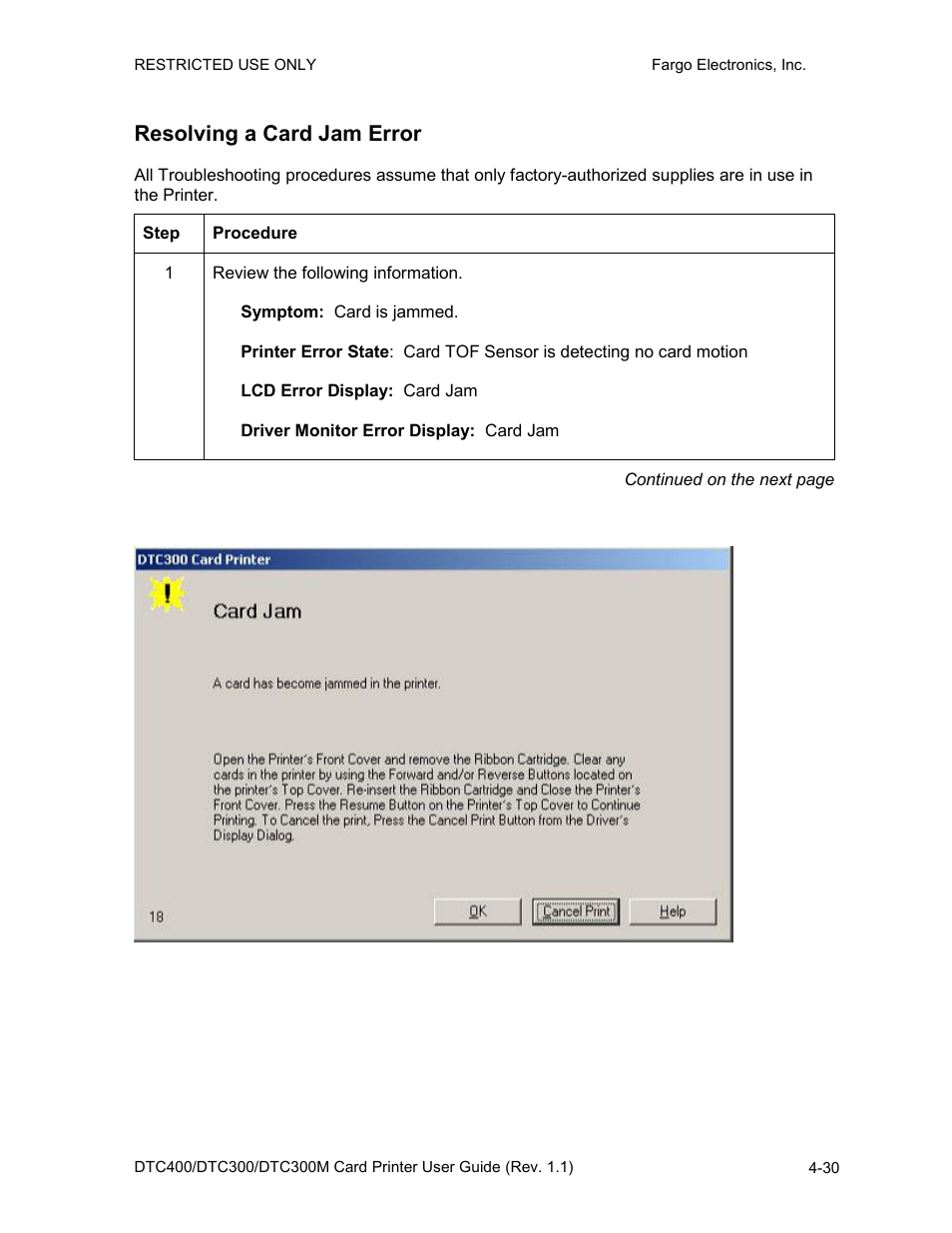 Resolving a card jam error, Resolving a card jam error -30 | FARGO electronic DTC400 User Manual | Page 87 / 278