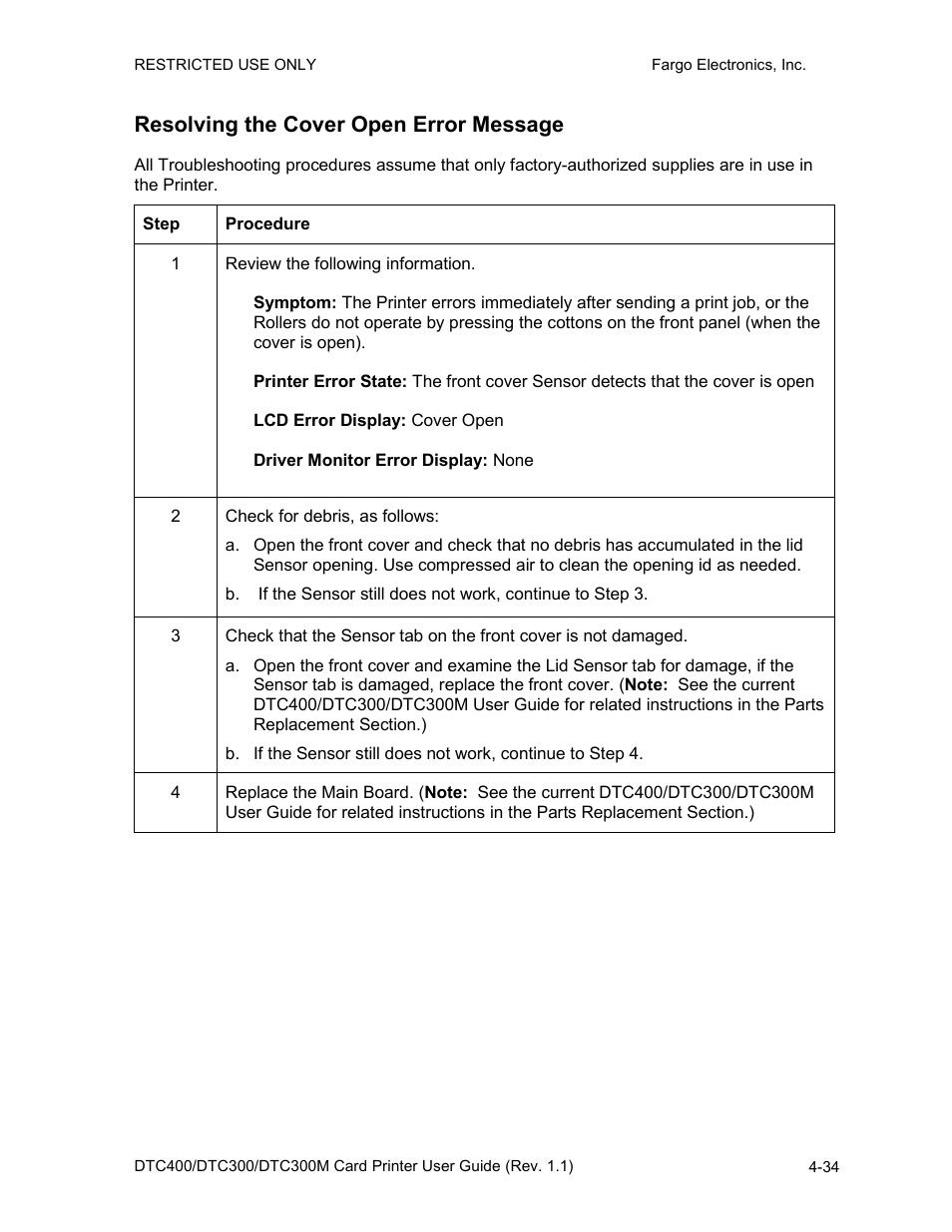 Resolving the cover open error message, Resolving the cover open error message -34 | FARGO electronic DTC400 User Manual | Page 91 / 278