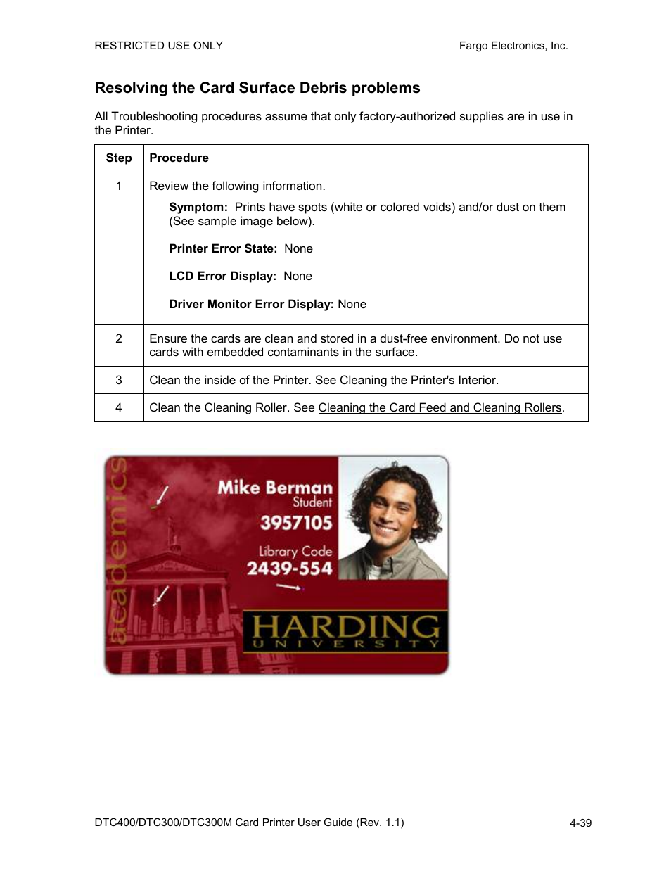 Resolving the card surface debris problems, Resolving the card surface debris problems -39 | FARGO electronic DTC400 User Manual | Page 96 / 278
