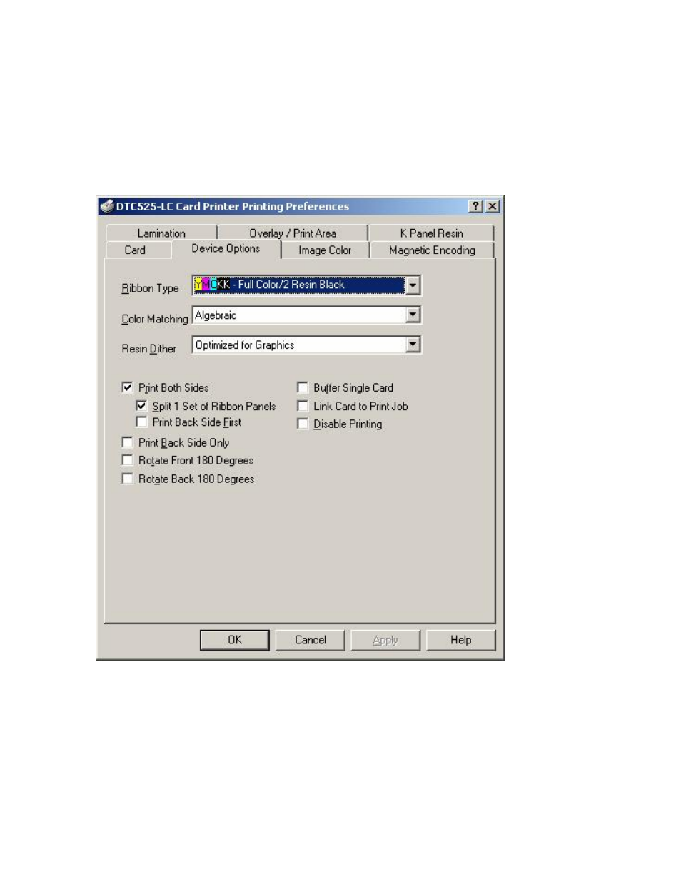 Printer driver options, Using the device options tab | FARGO electronic DTC500 User Manual | Page 154 / 345