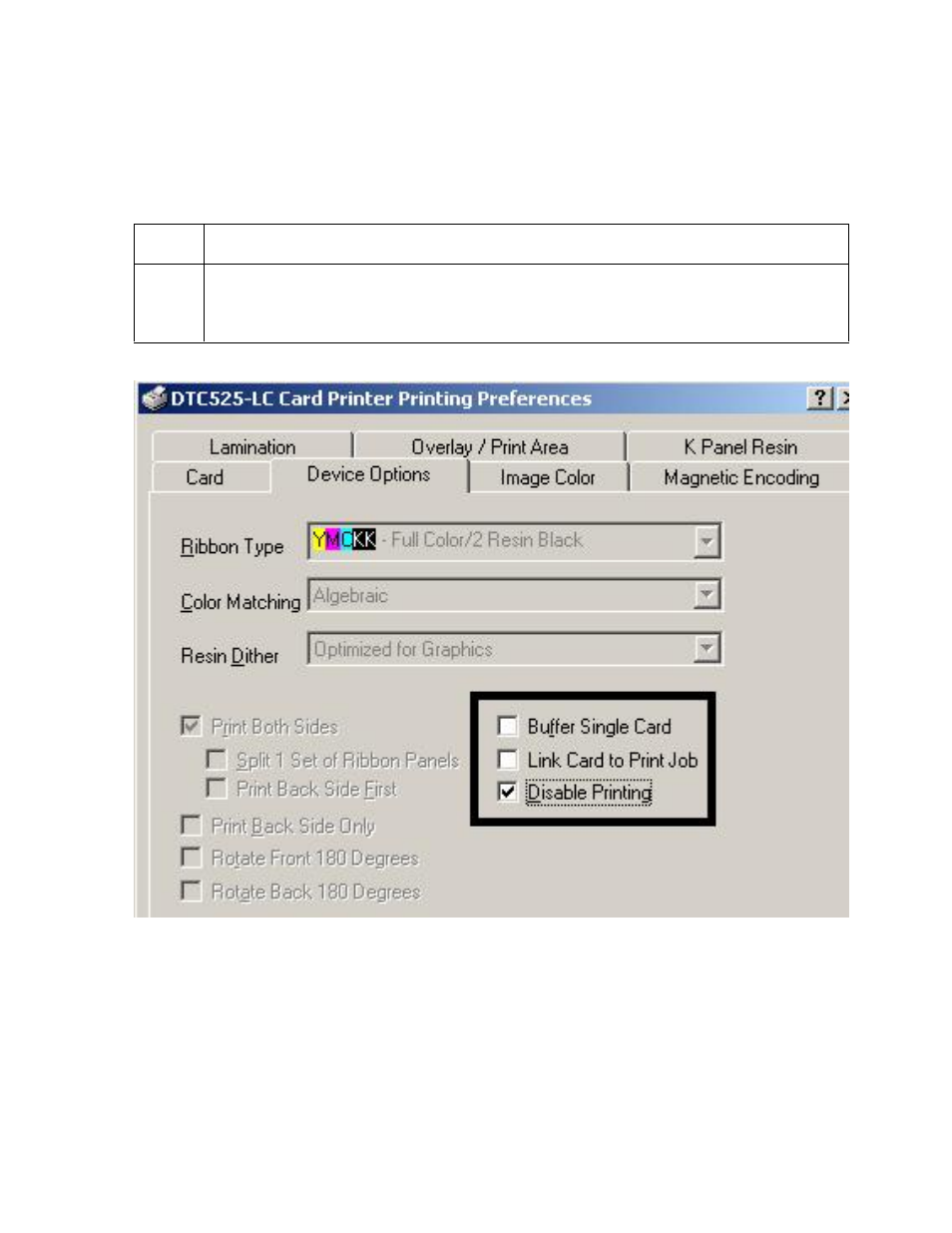 Using the disable printing option, Using the image color tab | FARGO electronic DTC500 User Manual | Page 166 / 345