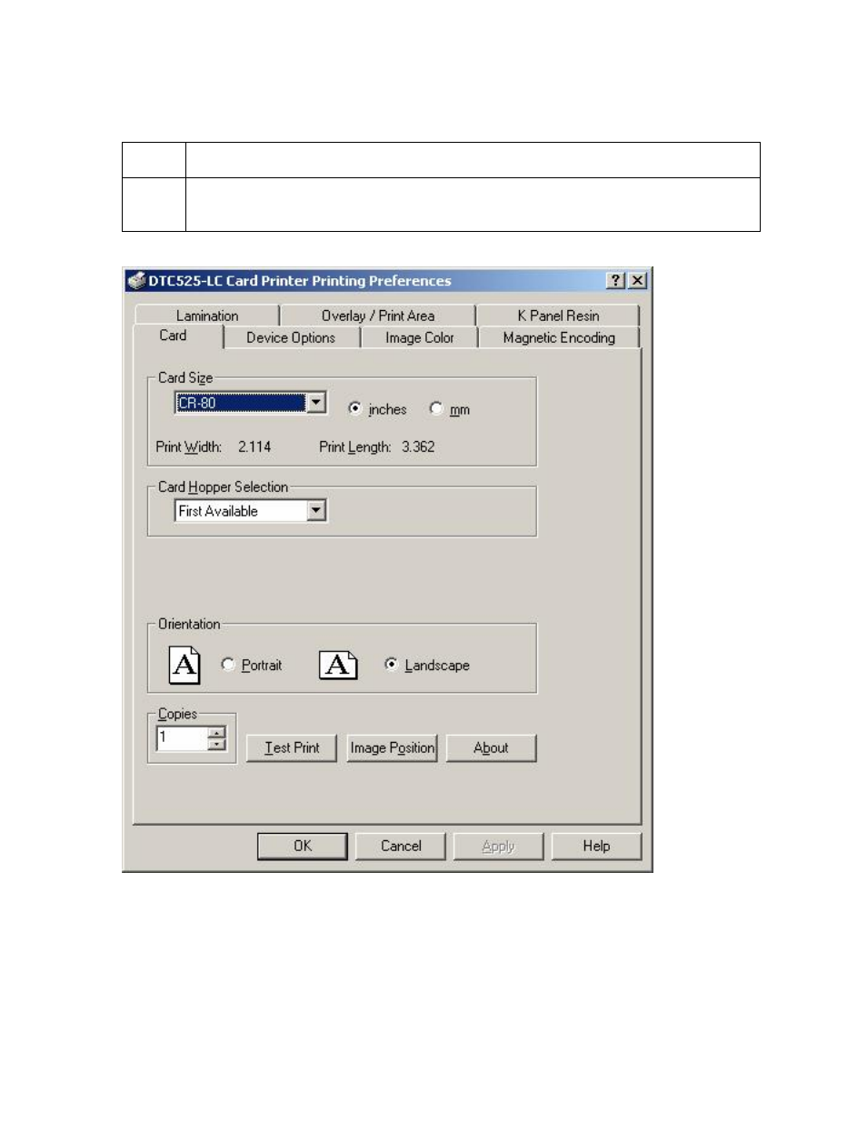 Selecting orientation - landscape under card tab | FARGO electronic DTC500 User Manual | Page 207 / 345