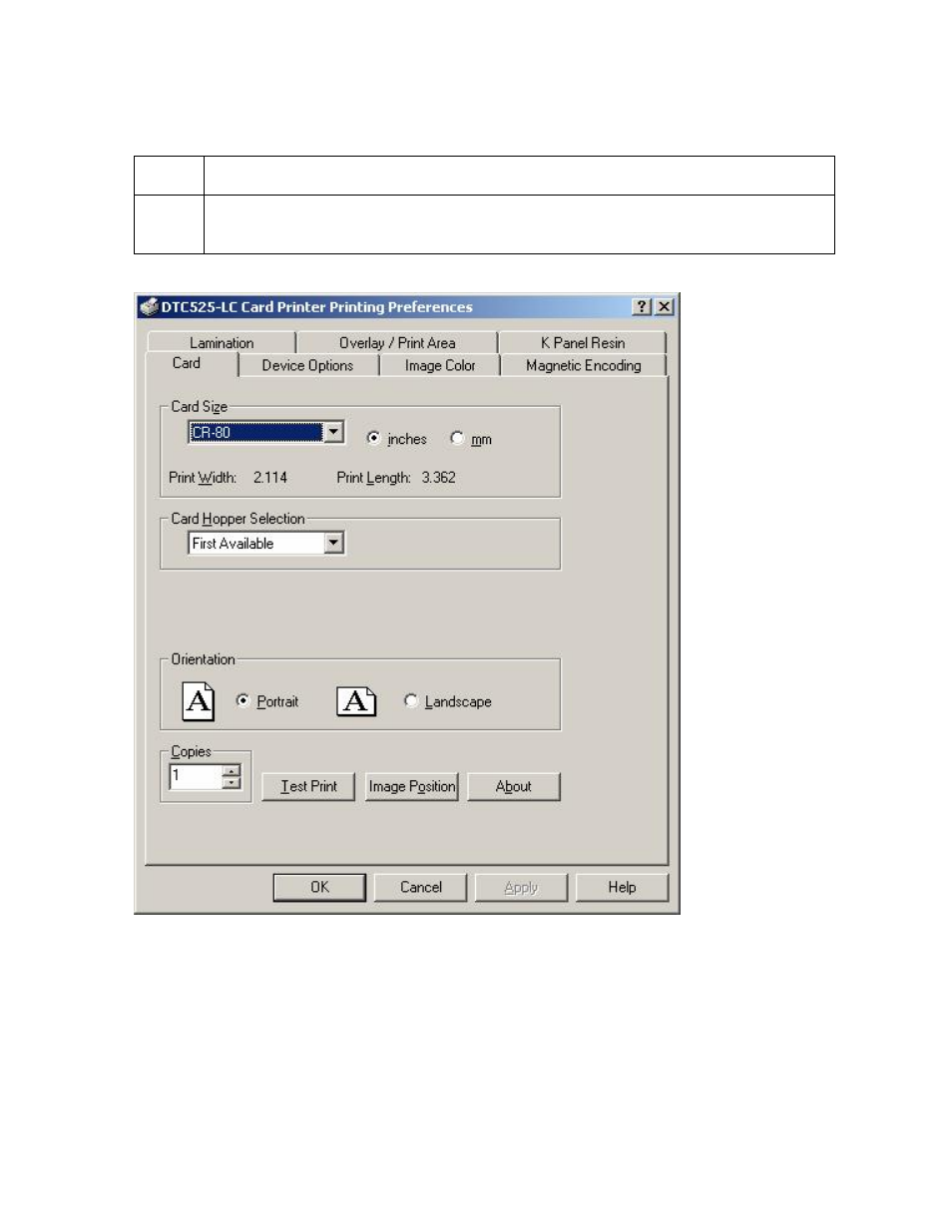 Selecting orientation - portfolio under card tab | FARGO electronic DTC500 User Manual | Page 209 / 345