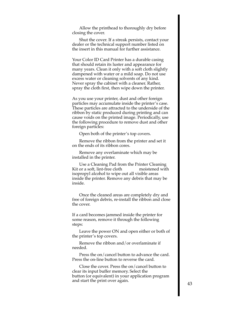D. cleaning the printer’s case, E. cleaning the inside of the printer, F. clearing a card jam | FARGO electronic II User Manual | Page 48 / 70