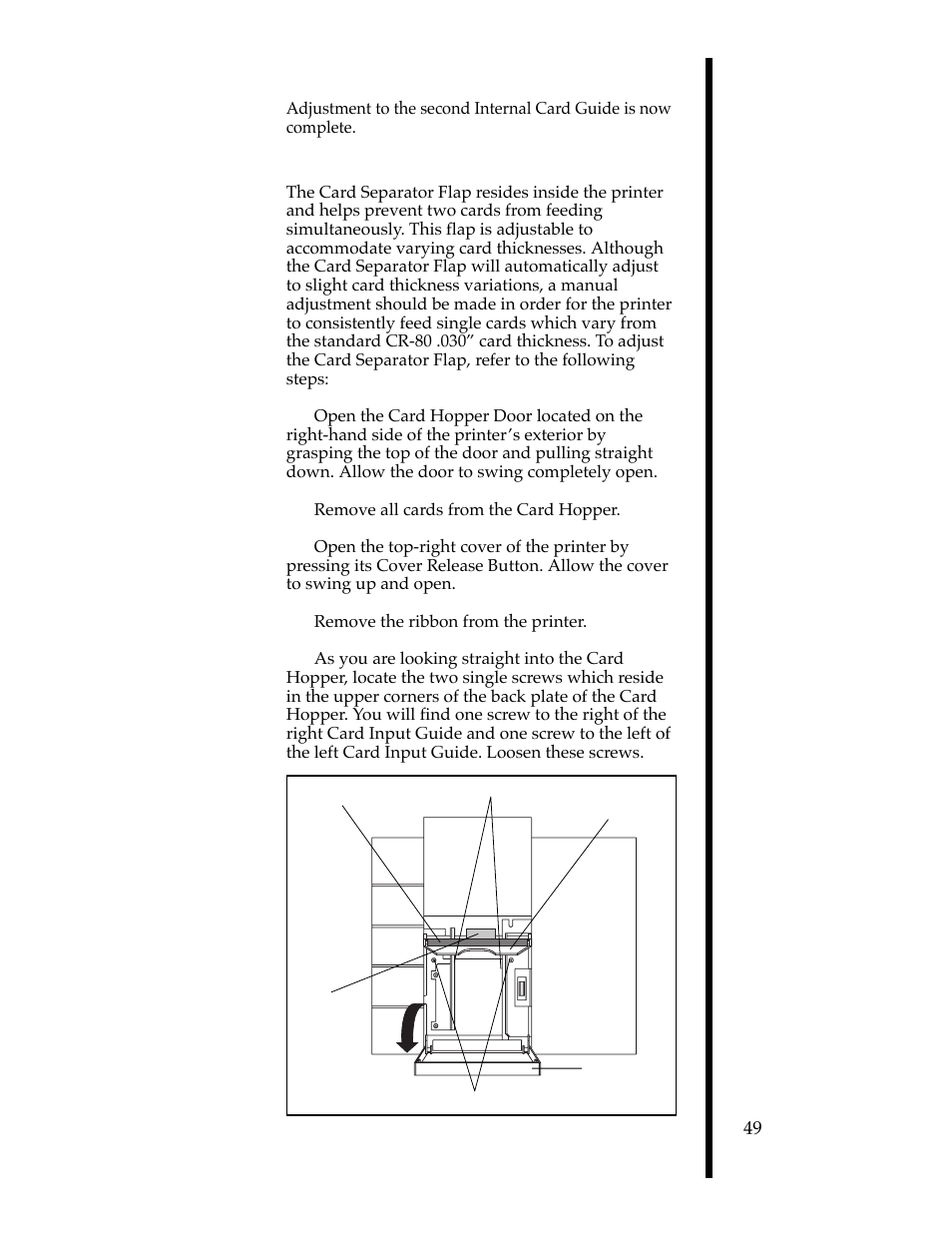 C. adjusting the card separator flap | FARGO electronic II User Manual | Page 54 / 70