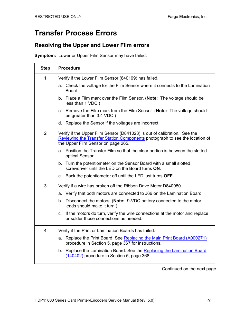 Transfer process errors, Resolving the upper and lower film errors, E 91 | FARGO electronic HDP820 User Manual | Page 105 / 370