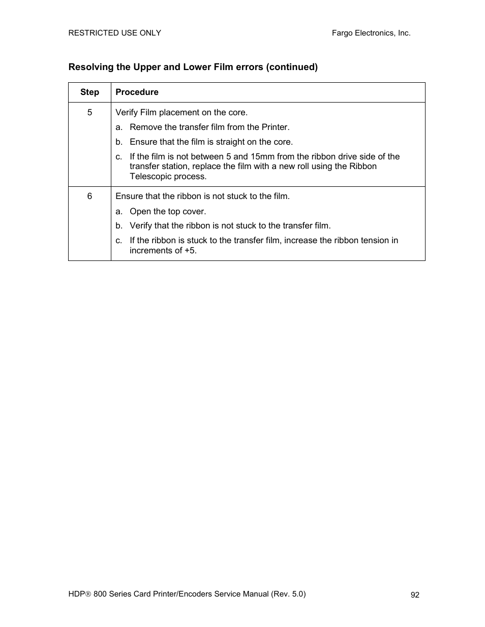 Resolving the film sensor, Errors | FARGO electronic HDP820 User Manual | Page 106 / 370
