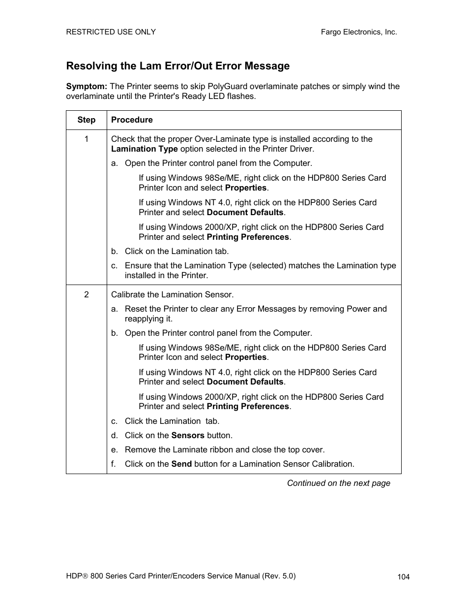 Resolving the lam error/out error message | FARGO electronic HDP820 User Manual | Page 118 / 370