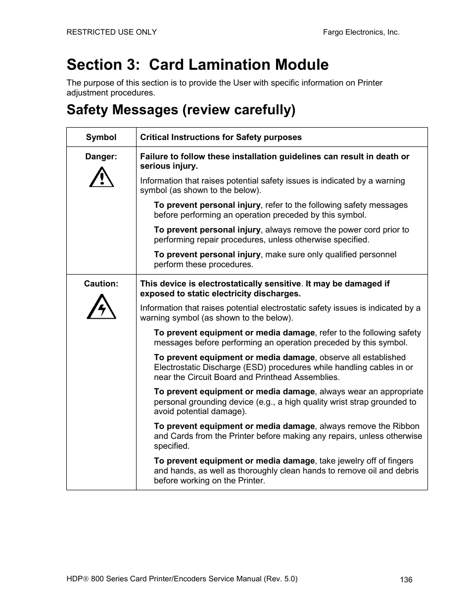 Section 3: card lamination module, Safety messages (review carefully) | FARGO electronic HDP820 User Manual | Page 150 / 370