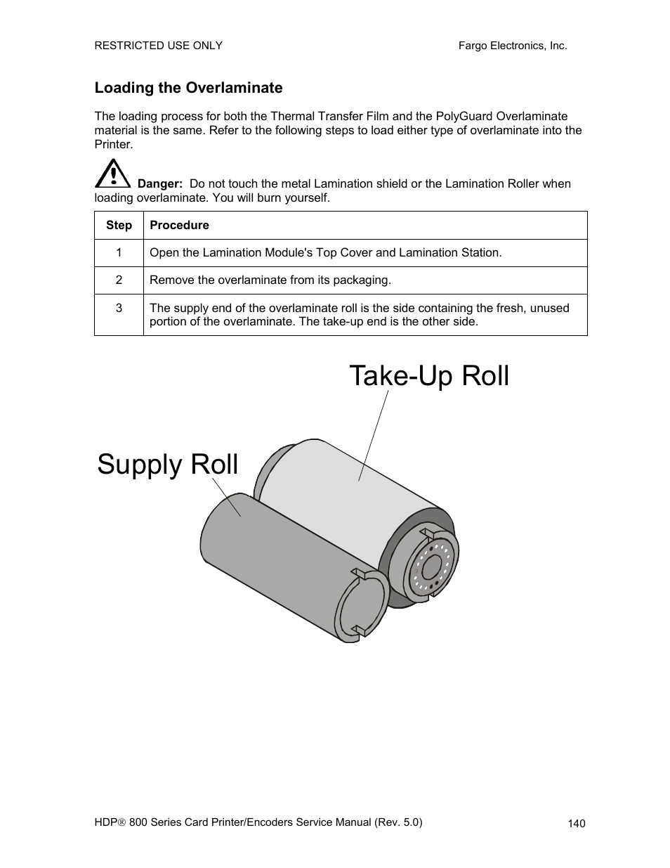 Loading the overlaminate, Supply roll take-up roll | FARGO electronic HDP820 User Manual | Page 154 / 370