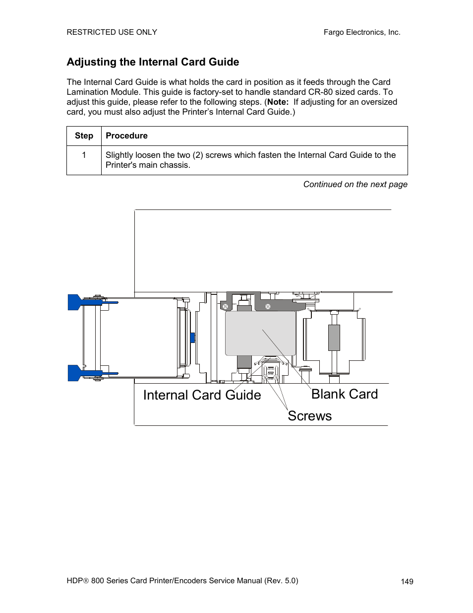 Adjusting the internal card guide, Blank card screws internal card guide | FARGO electronic HDP820 User Manual | Page 163 / 370