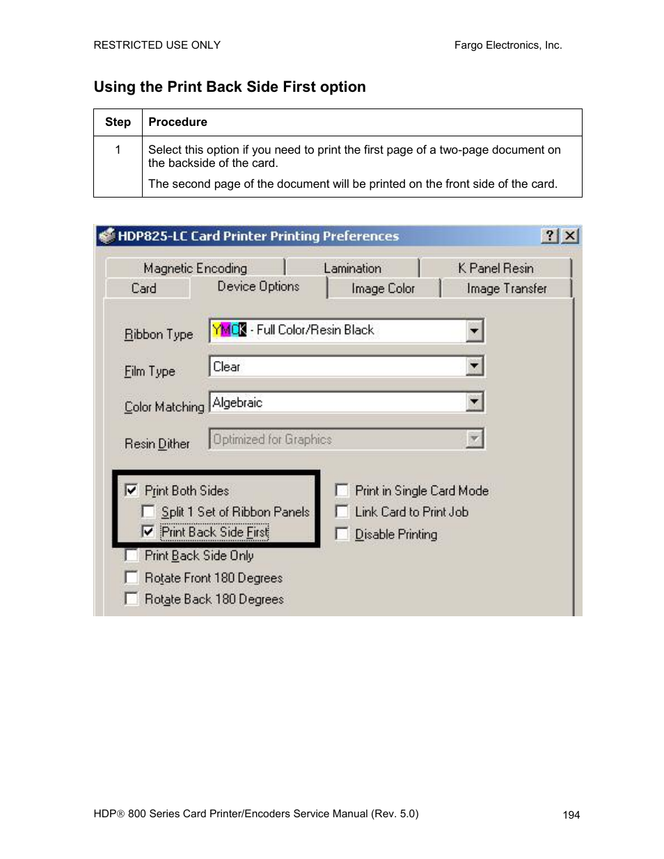 Using the print back side first option | FARGO electronic HDP820 User Manual | Page 208 / 370