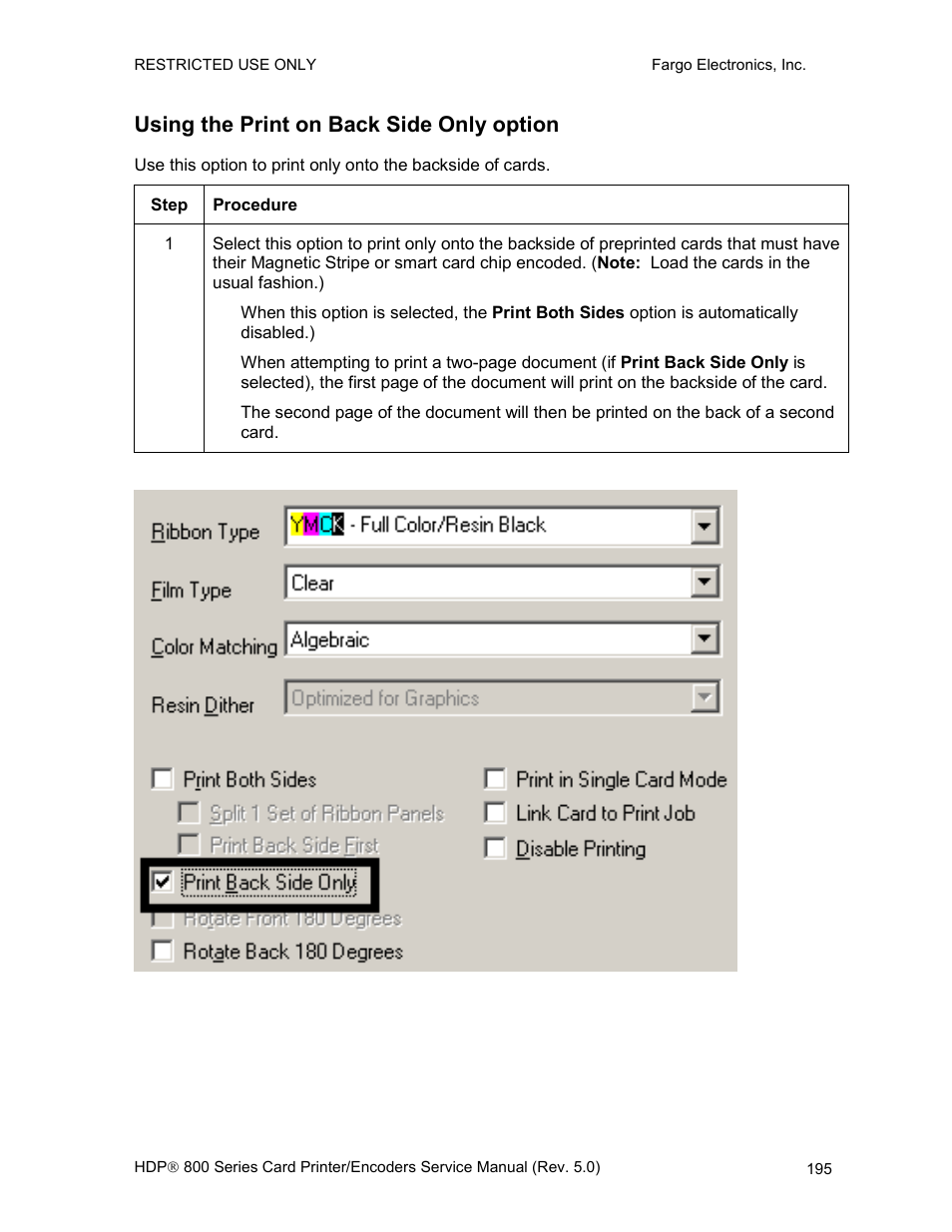 Using the print on back side only option | FARGO electronic HDP820 User Manual | Page 209 / 370
