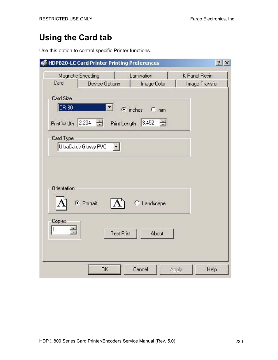 Using the card tab | FARGO electronic HDP820 User Manual | Page 244 / 370