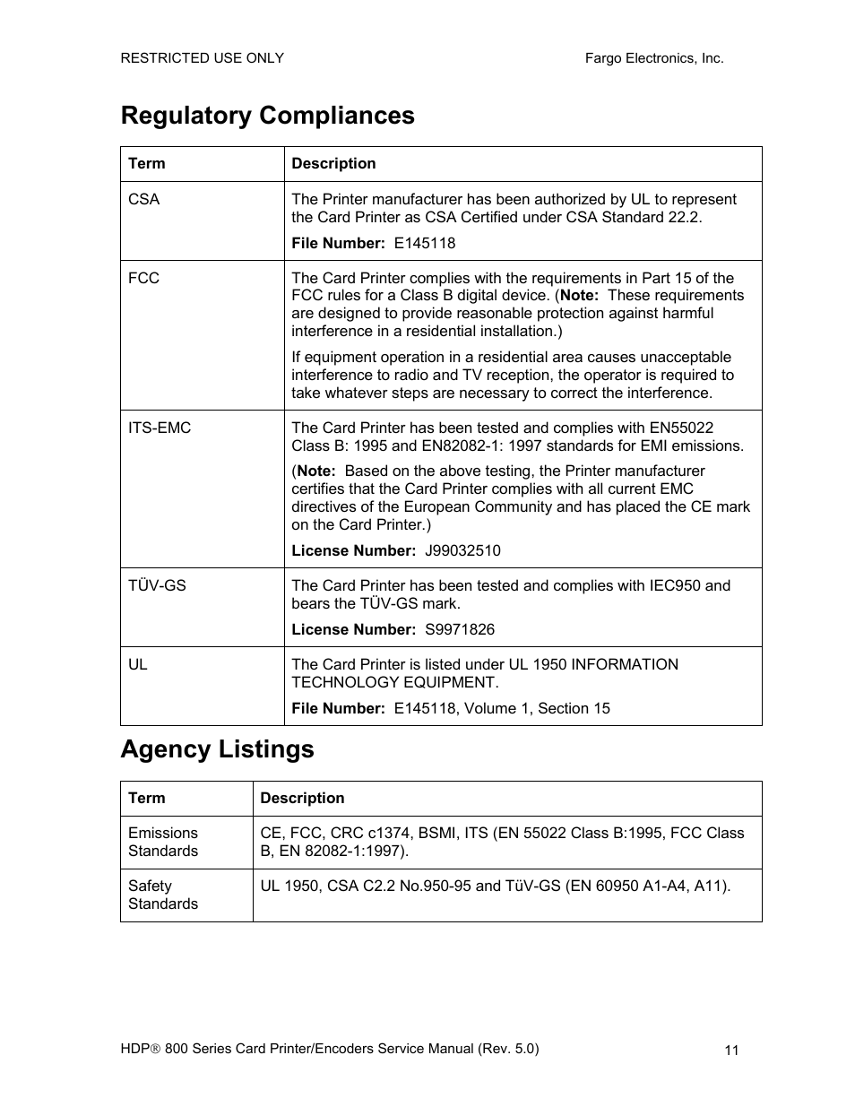 Regulatory compliances, Agency listings, Regulatory compliances agency listings | FARGO electronic HDP820 User Manual | Page 25 / 370
