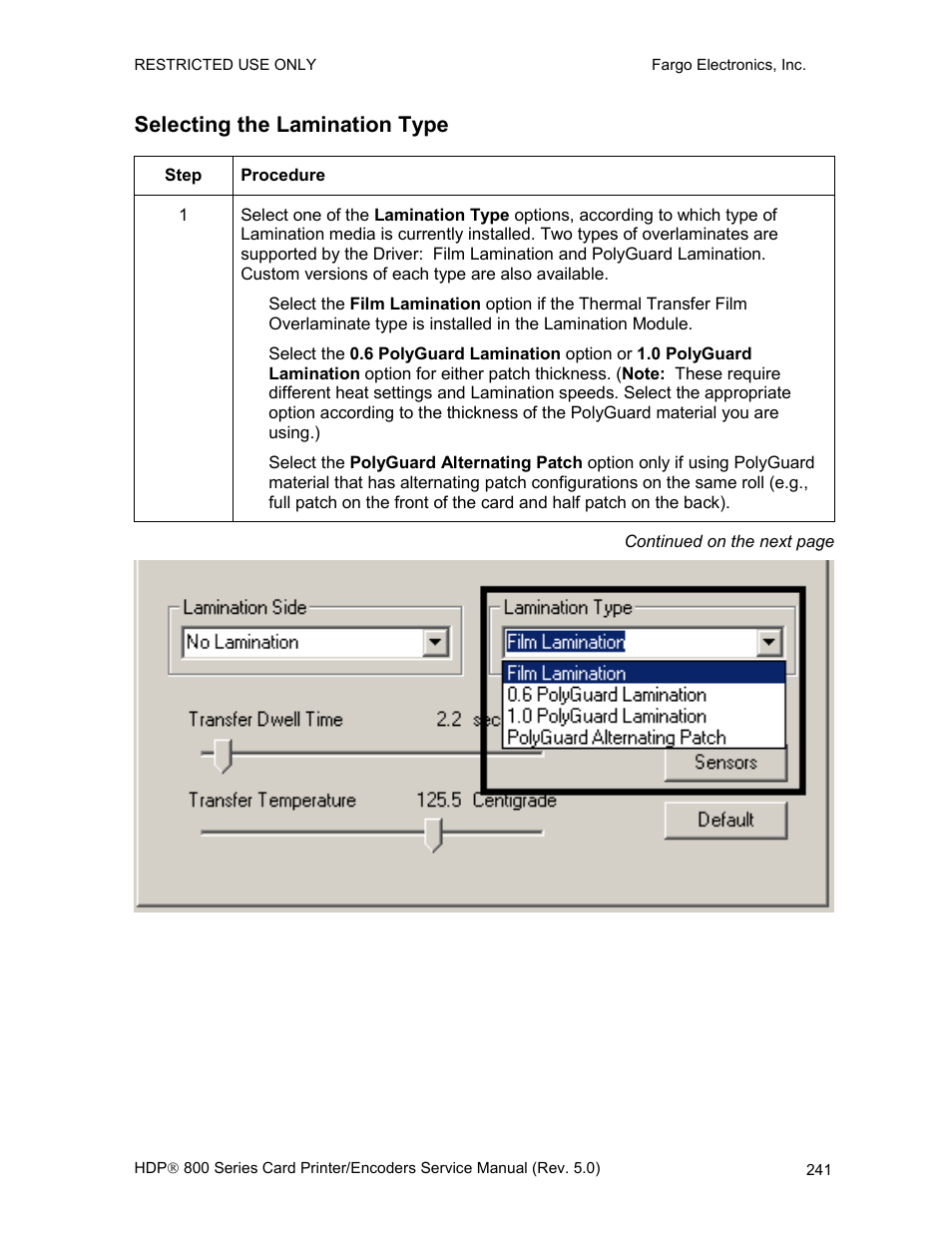 Selecting the lamination type | FARGO electronic HDP820 User Manual | Page 255 / 370