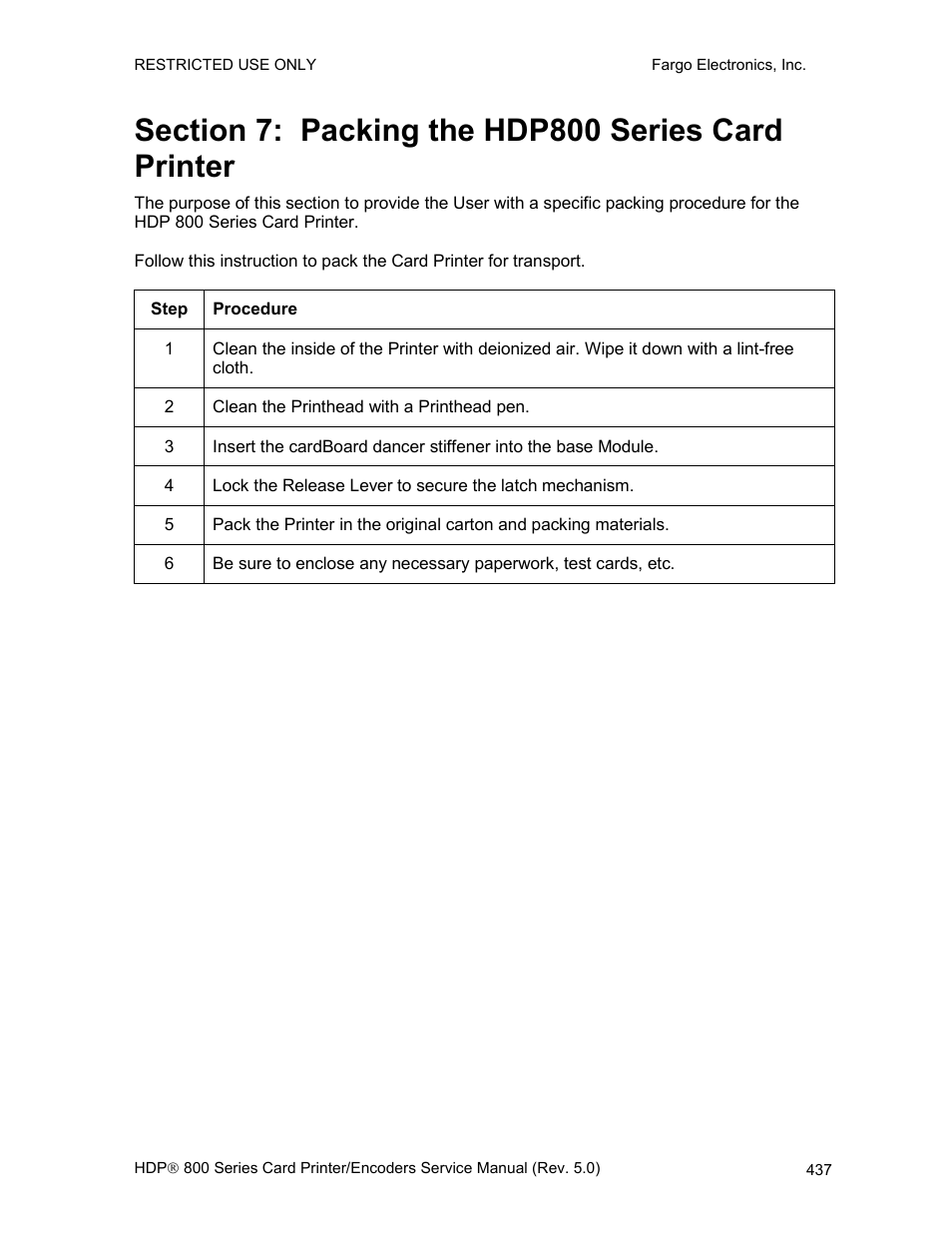 Section 7: packing the hdp800 series card printer | FARGO electronic HDP820 User Manual | Page 272 / 370