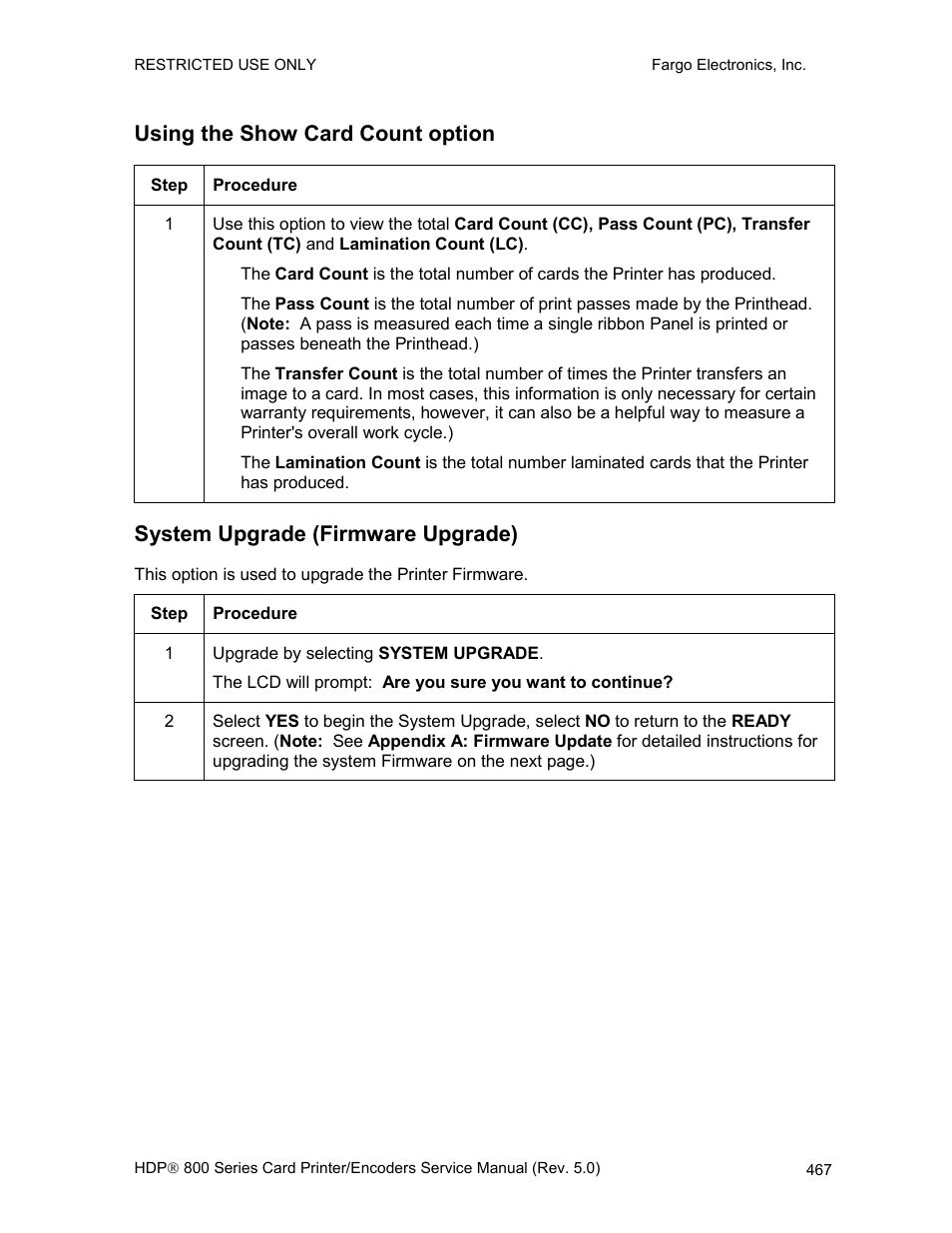 Using the show card count option, System upgrade (firmware upgrade) | FARGO electronic HDP820 User Manual | Page 302 / 370