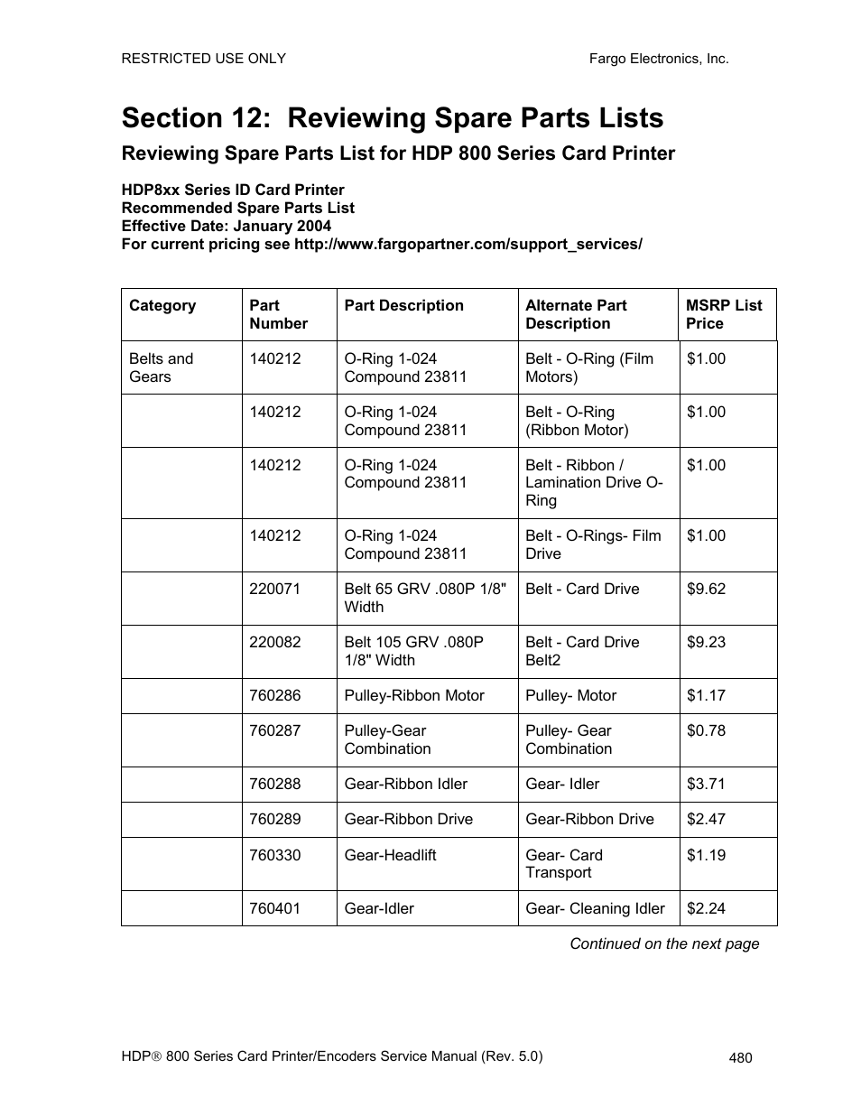 Section 12: reviewing spare parts lists | FARGO electronic HDP820 User Manual | Page 315 / 370