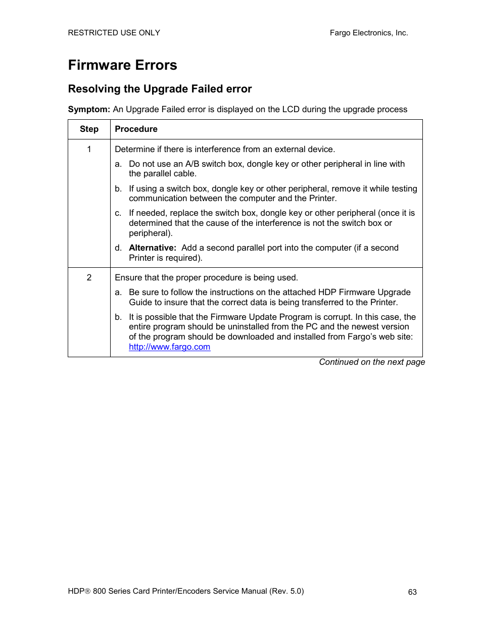 Firmware errors, Resolving the upgrade failed error | FARGO electronic HDP820 User Manual | Page 77 / 370