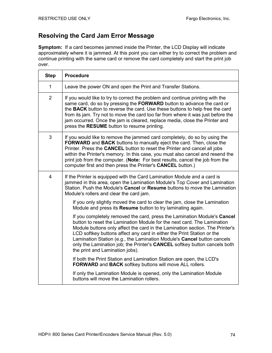 Resolving the card jam error message, E 74 | FARGO electronic HDP820 User Manual | Page 88 / 370