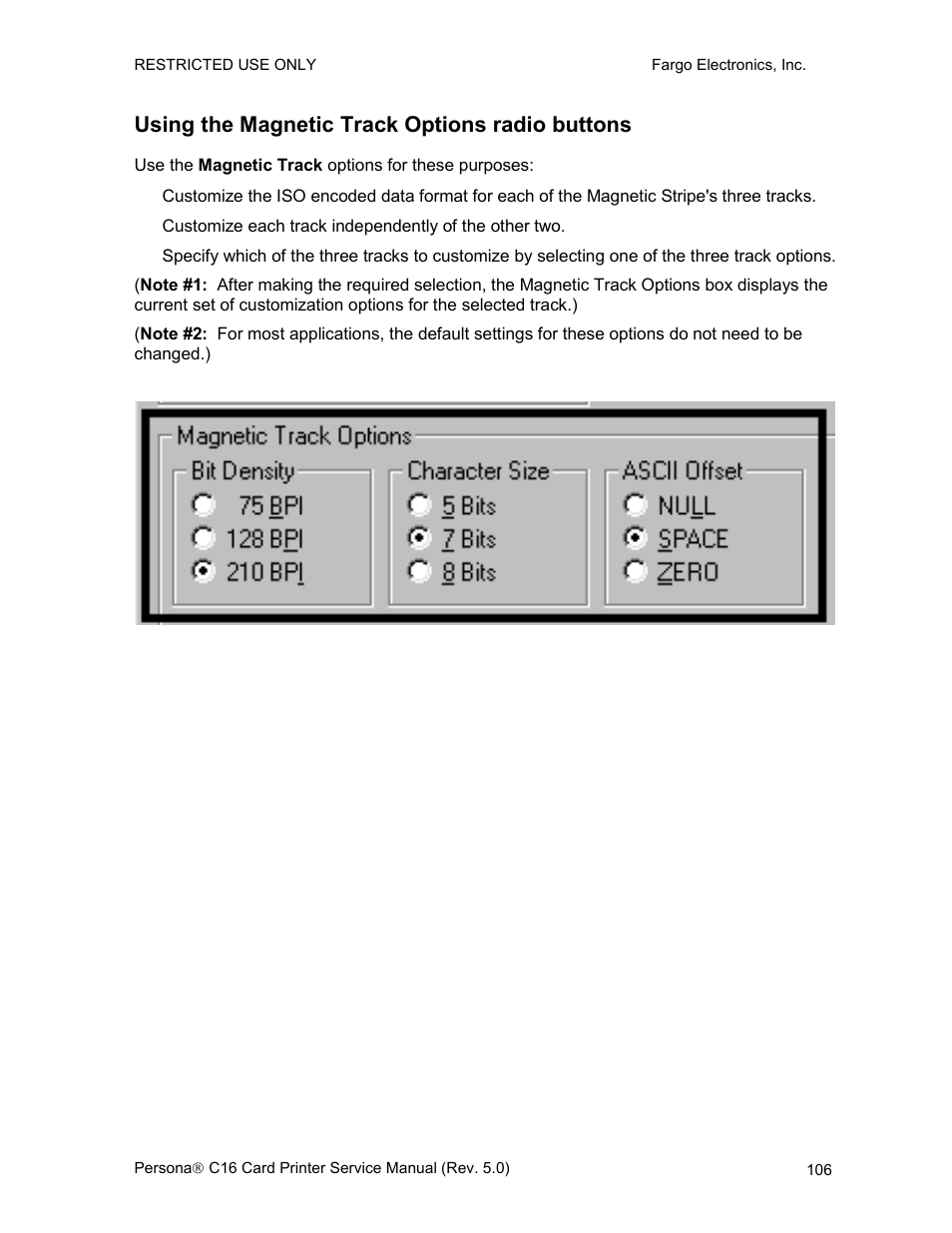 Using the magnetic track options radio buttons | FARGO electronic C16 User Manual | Page 115 / 259