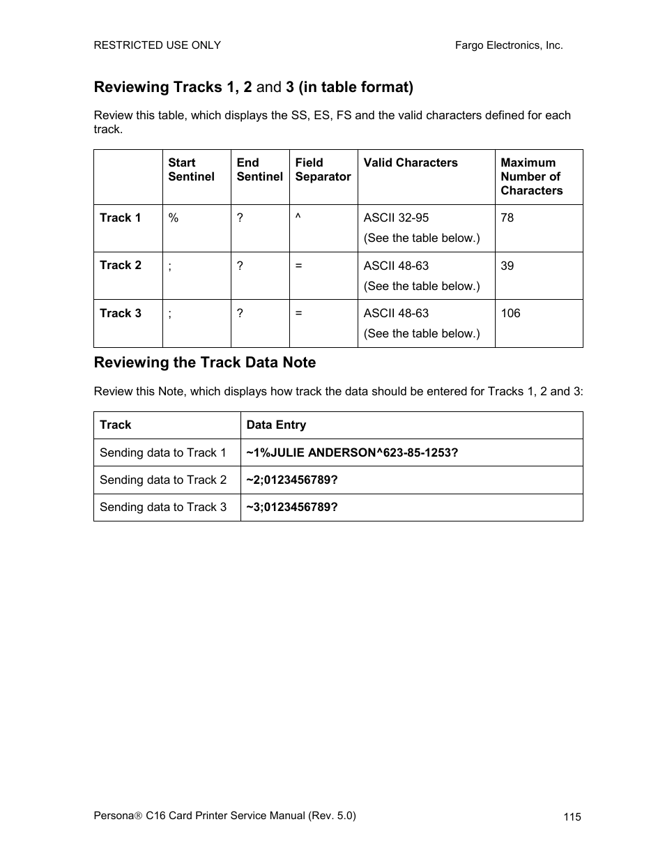 Reviewing tracks 1, 2 and 3 (in table format), Reviewing the track data note | FARGO electronic C16 User Manual | Page 124 / 259