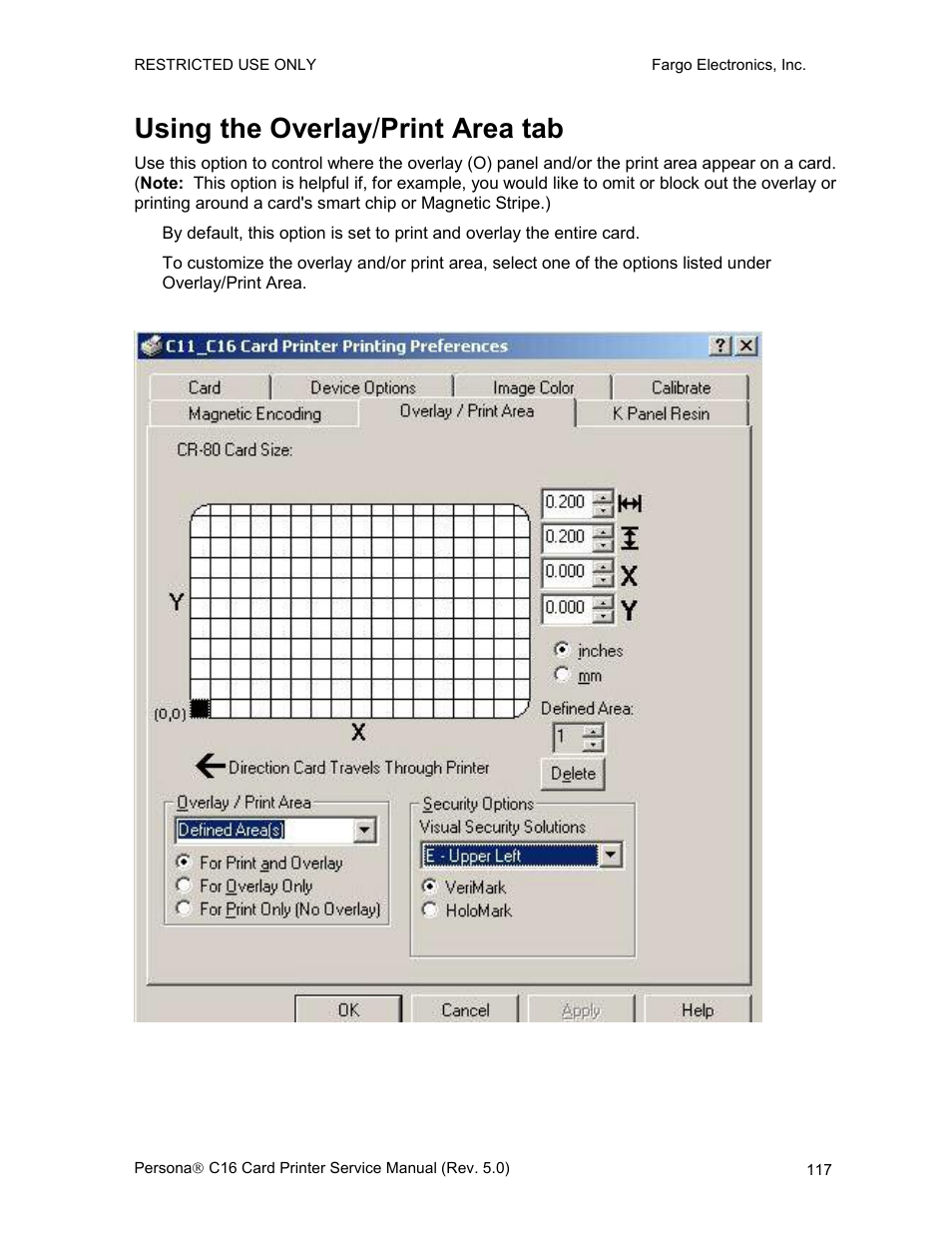 Using the overlay/print area tab, Using the overlay / print area tab | FARGO electronic C16 User Manual | Page 126 / 259