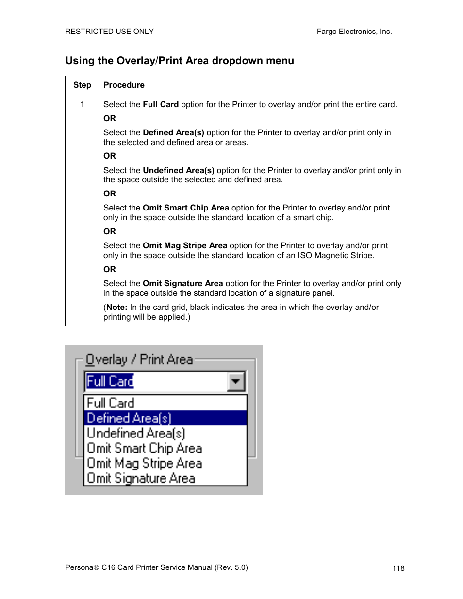 Using the overlay/print area dropdown menu, Using the overlay / print area dropdown menu | FARGO electronic C16 User Manual | Page 127 / 259