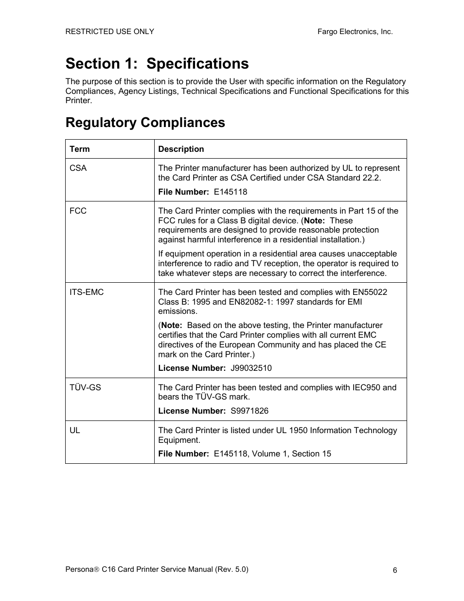 Regulatory compliances, Section 1: specifications | FARGO electronic C16 User Manual | Page 15 / 259