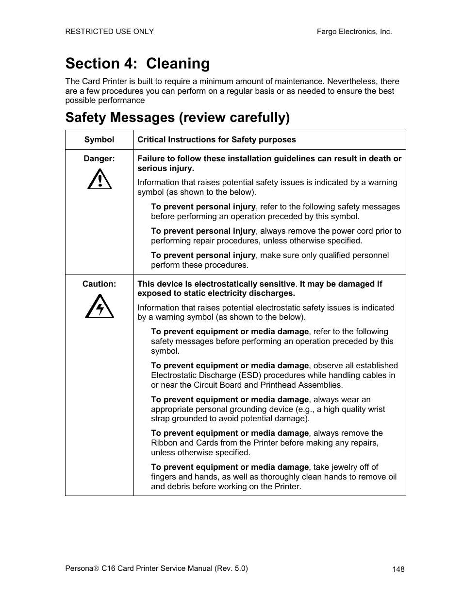 Section 4: cleaning, Safety messages (review carefully) | FARGO electronic C16 User Manual | Page 157 / 259