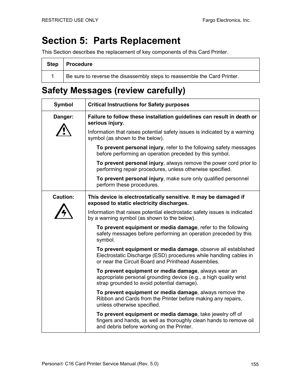 Section 5: parts replacement, Safety messages (review carefully) | FARGO electronic C16 User Manual | Page 164 / 259