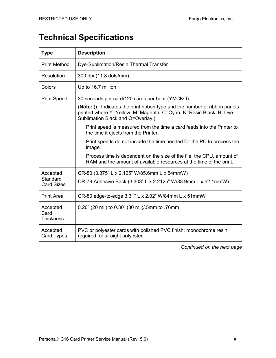 Technical specifications | FARGO electronic C16 User Manual | Page 17 / 259