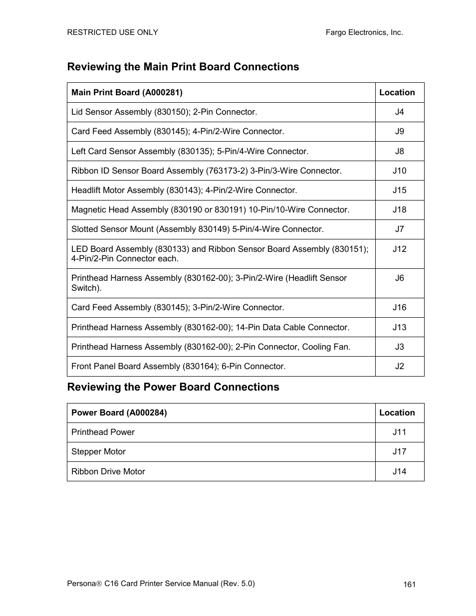 Reviewing the main print board connections, Reviewing the power board connections | FARGO electronic C16 User Manual | Page 170 / 259