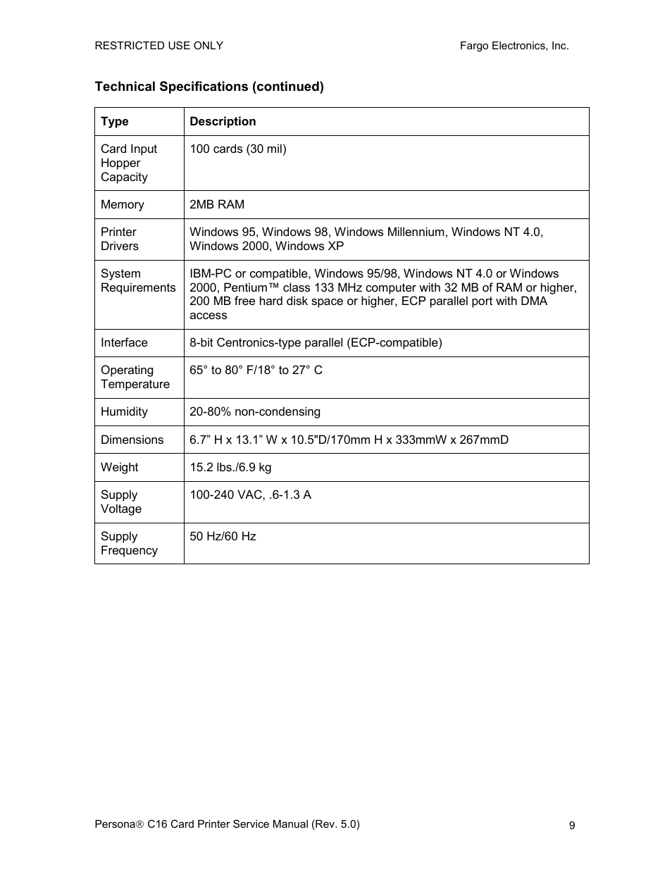 Technical specifications (continued) | FARGO electronic C16 User Manual | Page 18 / 259